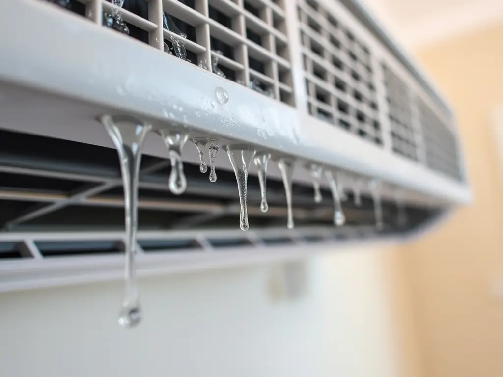 Water droplets forming and dripping from an indoor air conditioning unit, indicating a potential drainage issue or refrigerant leak.