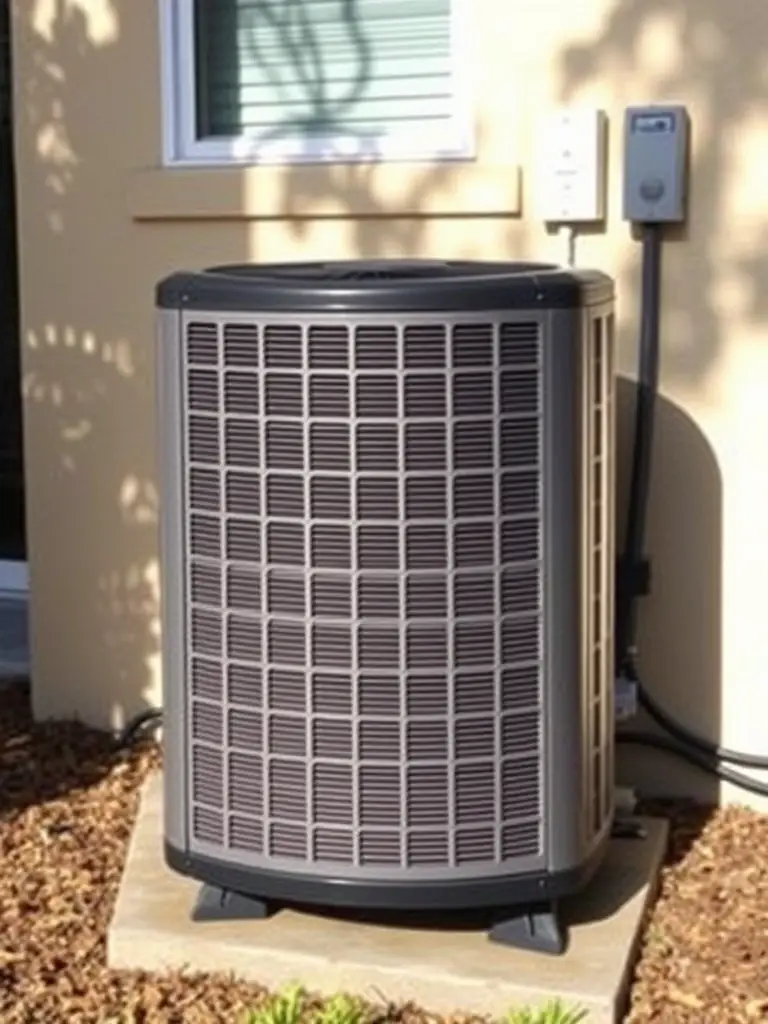 A completely dark AC unit, with no lights or signs of power, set against a residential exterior wall.