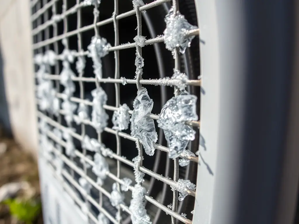 A close-up shot of an air conditioning unit with ice forming on the coils, indicating a potential freezing issue.