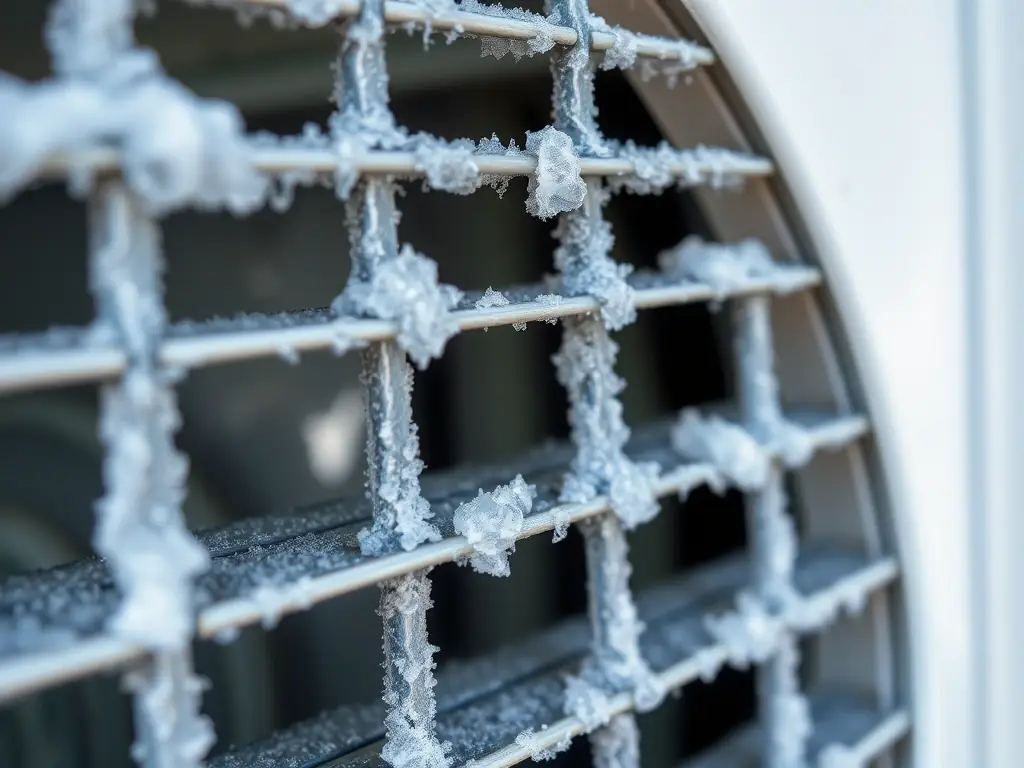 A close-up shot of an air conditioning unit with frost forming on the coils, indicating a potential issue with refrigerant or airflow.
