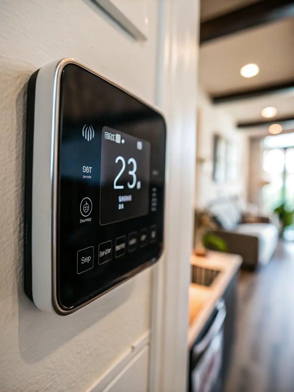 A hand pointing to a thermostat screen displaying an error message or unresponsive behavior. The background is a modern living room.