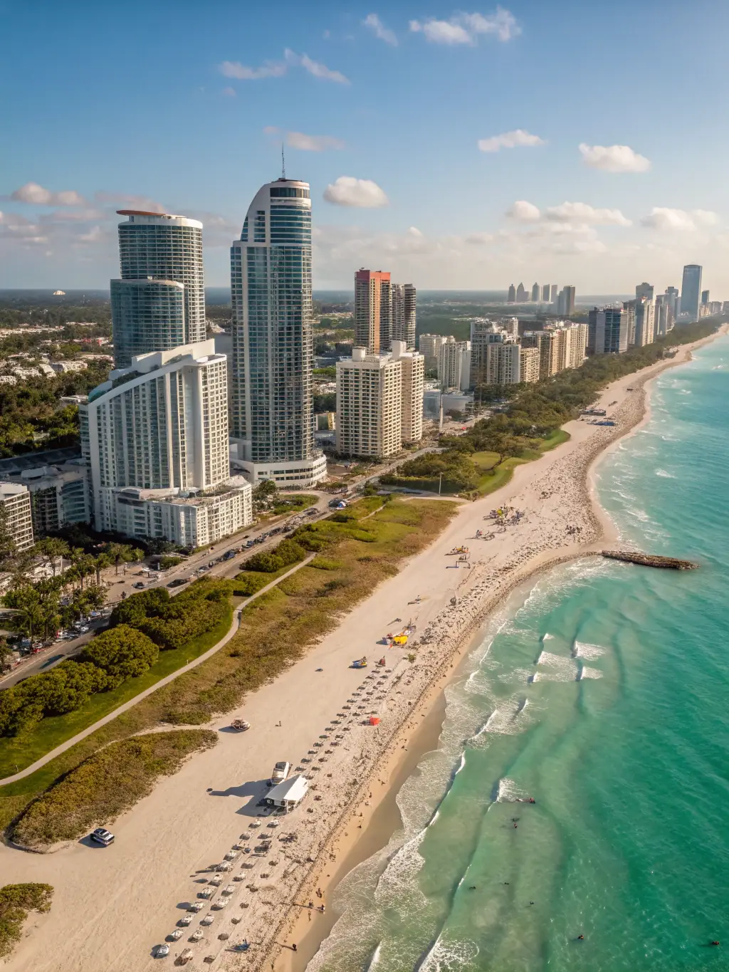 A sunny aerial view of Delray Beach, Florida, showcasing its coastline and vibrant downtown area.