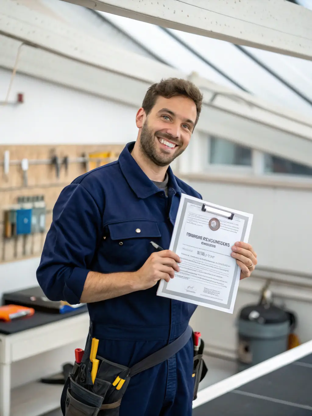 A photo of a certified HVAC technician holding a certificate, emphasizing their qualifications and expertise in AC repair.