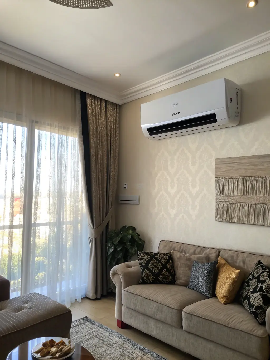 A puddle of water forming beneath an indoor AC unit, with visible condensation. The background shows a living room setting.