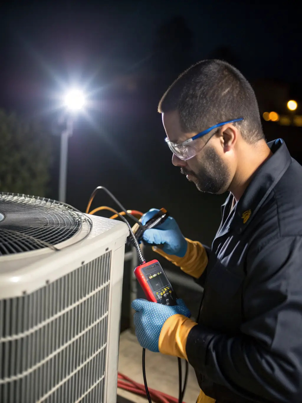 A close-up shot of a technician diagnosing an AC unit with specialized tools, highlighting the precision and expertise involved in AC repair.