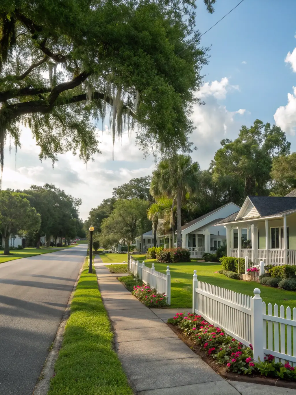 A high-angle photograph of a residential street in Boca Raton, Florida, with well-maintained lawns and palm trees lining the road, under a clear blue sky.