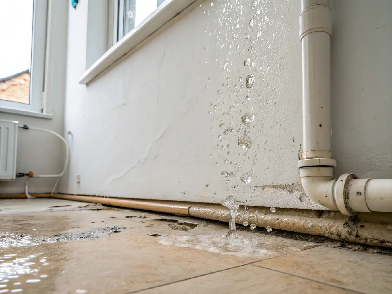 A puddle of water forming beneath an indoor air conditioning unit, indicating a potential leak.